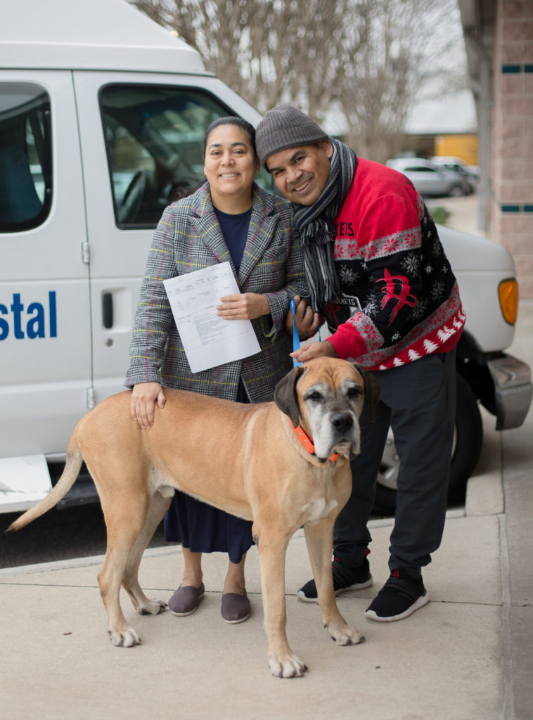 A large mastiff poses in front of a van with his two owners standing behind him, smiling after being reunited with their lost pet.